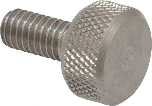 Morton Machine Works - M4x0.70 Knurled Shoulderless Grade 303 Stainless Steel Thumb Screw - 14mm OAL, 9.5mm Head Diam x 5mm Head Height - USA Tool & Supply