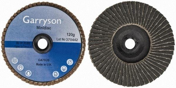 Garryson - 120 Grit, 3" Disc Diam, Type 27 Zirconia Alumina Flap Disc - 20,000 Max RPM, Nylon Backing, Quick Change Type S Attaching System, Coated - USA Tool & Supply
