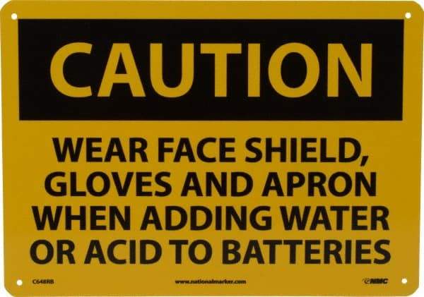 NMC - "Caution - Wear Face Shield Gloves and Apron When Adding Water or Acid to Batteries", 10" Long x 14" Wide, Rigid Plastic Safety Sign - Rectangle, 0.05" Thick, Use for Accident Prevention - USA Tool & Supply
