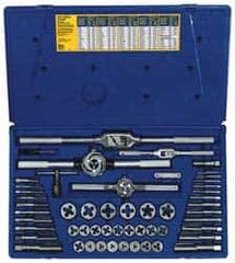 Irwin Hanson - #6-32 to 3/4-16 Tap, #6-32 to 3/4-16 Die, UNF, Tap and Die Set - Bright Finish Carbon Steel, Carbon Steel Taps, Nonadjustable 1, 1-7/16" Hex Size, 53 Piece Set with Plastic Case - Exact Industrial Supply