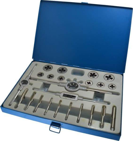 Interstate - M5x0.80 to M12x1.75 Tap, Metric Coarse, Metric Fine, Tap and Die Set - High Speed Steel, High Speed Steel Taps, Nonadjustable, 23 Piece Set with Metal Case - Exact Industrial Supply