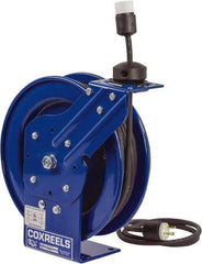 CoxReels - 16 AWG, 50' Cable Length, Cord & Cable Reel with Outlet End - 1 Outlet, NEMA 5-15R, 13 Amps, 115 Volts, SJO Cable, Blue Reel, Spring Driven Reel - USA Tool & Supply