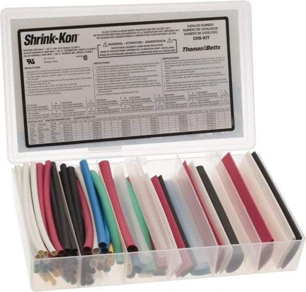 Thomas & Betts - 86 Piece, Multicolor, Heat Shrink Electrical Tubing Kit - 2:1 Shrink Ratio, Flame Retardant, Polyolefin - USA Tool & Supply