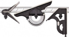 Starrett - 4 Piece, 12" Combination Square Set - 1/16, 1/32, 1/64 & 1/8" (4R) Graduation, Hardened Steel Blade, Cast Iron Center, Protractor & Square Head - USA Tool & Supply