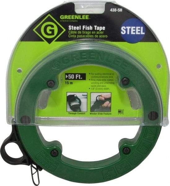 Greenlee - 50 Ft. Long x 1/8 Inch Wide, 3/64 Inch Thick, Steel Fish Tape - 400 Lb. Pulling Strength, Includes Case - USA Tool & Supply