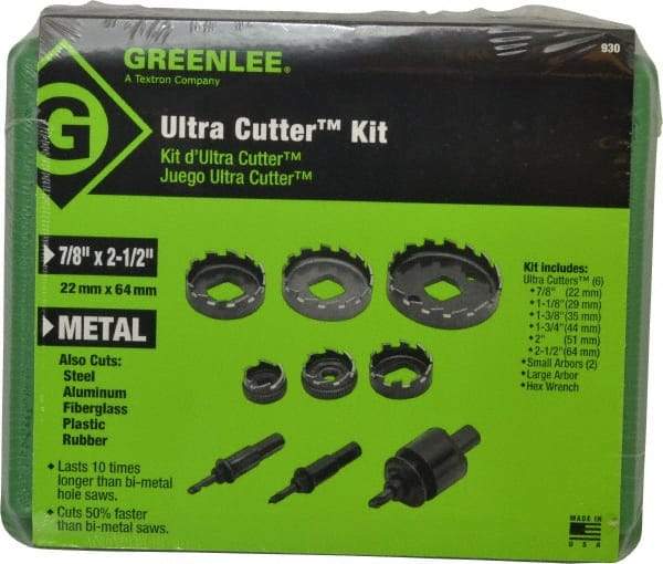 Greenlee - 9 Piece, 7/8" to 2-1/2" Saw Diam, Electrician's Hole Saw Kit - High Speed Steel, Toothed Edge, Includes 6 Hole Saws - USA Tool & Supply