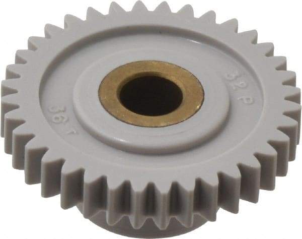 Made in USA - 32 Pitch, 1-1/8" Pitch Diam, 1-3/16" OD, 36 Tooth Spur Gear - 3/16" Face Width, 1/4" Bore Diam, 39/64" Hub Diam, 20° Pressure Angle, Acetal - USA Tool & Supply