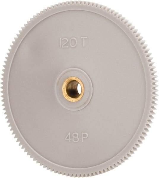 Made in USA - 48 Pitch, 2-1/2" Pitch Diam, 2.542" OD, 120 Tooth Spur Gear - 1/8" Face Width, 1/4" Bore Diam, 39/64" Hub Diam, 20° Pressure Angle, Acetal - USA Tool & Supply