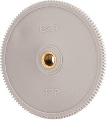 Made in USA - 48 Pitch, 2-1/2" Pitch Diam, 2.542" OD, 120 Tooth Spur Gear - 1/8" Face Width, 1/4" Bore Diam, 39/64" Hub Diam, 20° Pressure Angle, Acetal - USA Tool & Supply