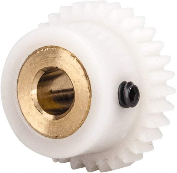 Made in USA - 48 Pitch, 0.667" Pitch Diam, 0.708" OD, 32 Tooth Spur Gear - 1/8" Face Width, 3/16" Bore Diam, 35/64" Hub Diam, 20° Pressure Angle, Acetal - USA Tool & Supply