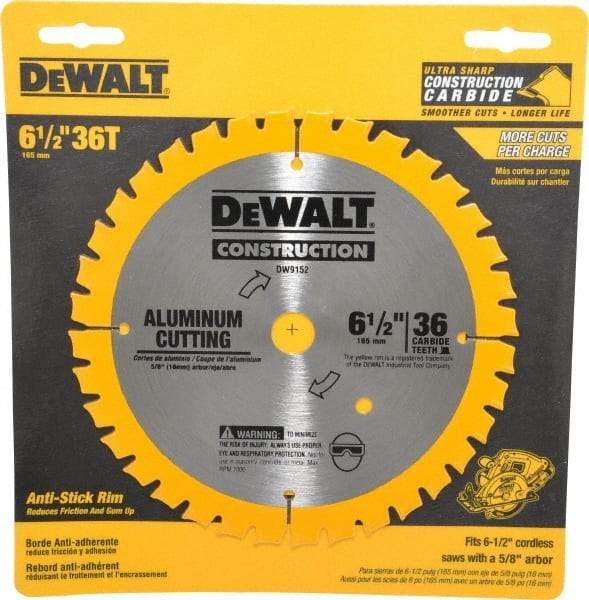 DeWALT - 6-1/2" Diam, 5/8" Arbor Hole Diam, 36 Tooth Wet & Dry Cut Saw Blade - Carbide-Tipped, Standard Round Arbor - USA Tool & Supply