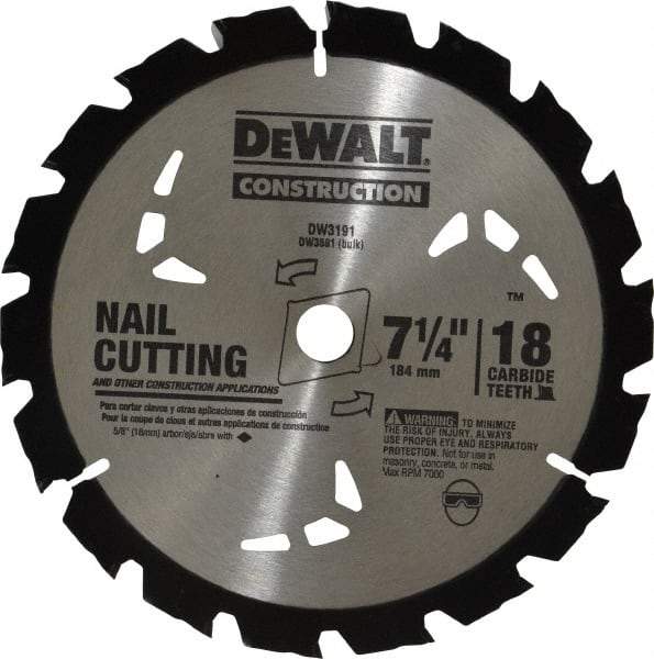 DeWALT - 7-1/4" Diam, 5/8" Arbor Hole Diam, 18 Tooth Wet & Dry Cut Saw Blade - Carbide-Tipped, General Purpose Action, Diamond Arbor - USA Tool & Supply