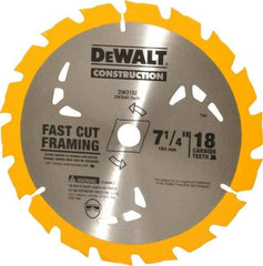 DeWALT - 7-1/4" Diam, 5/8" Arbor Hole Diam, 18 Tooth Wet & Dry Cut Saw Blade - Carbide-Tipped, General Purpose Action, Diamond Arbor - USA Tool & Supply