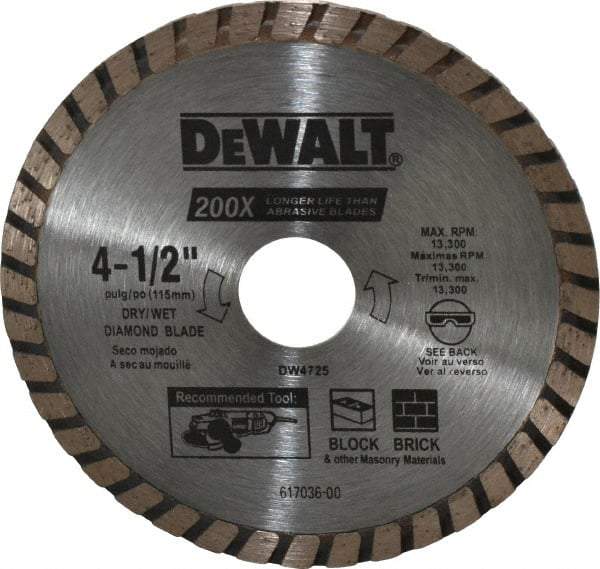 DeWALT - 4-1/2" Diam, 7/8" Arbor Hole Diam, Wet & Dry Cut Saw Blade - Diamond-Tipped, Standard Round Arbor - USA Tool & Supply