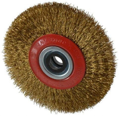 Value Collection - 5" OD, 3/4" Arbor Hole, Crimped Brass-Coated Steel Wheel Brush - 11/16" Face Width, 1-3/32" Trim Length, 0.014" Filament Diam, 6,000 RPM - USA Tool & Supply