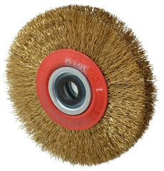 Value Collection - 5" OD, 3/4" Arbor Hole, Crimped Brass-Coated Steel Wheel Brush - 1" Face Width, 1-3/32" Trim Length, 0.014" Filament Diam, 6,000 RPM - USA Tool & Supply