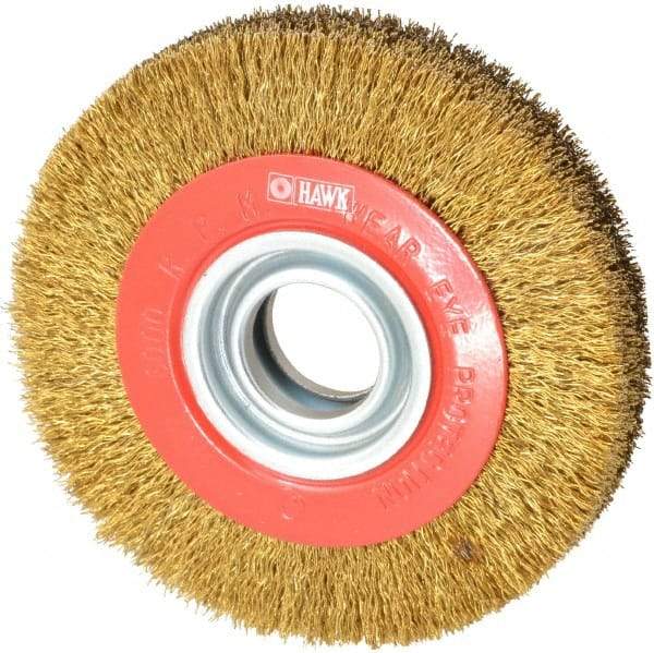 Value Collection - 6" OD, 1-1/4" Arbor Hole, Crimped Brass-Coated Steel Wheel Brush - 1" Face Width, 1-1/8" Trim Length, 0.014" Filament Diam, 6,000 RPM - USA Tool & Supply