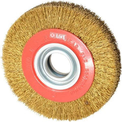 Value Collection - 6" OD, 1-1/4" Arbor Hole, Crimped Brass-Coated Steel Wheel Brush - 1" Face Width, 1-1/8" Trim Length, 0.014" Filament Diam, 6,000 RPM - USA Tool & Supply