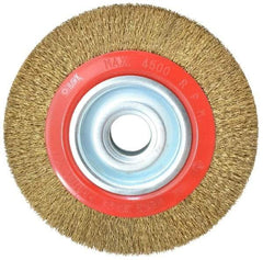 Value Collection - 8" OD, 1-1/4" Arbor Hole, Crimped Brass-Coated Steel Wheel Brush - 1" Face Width, 1-11/32" Trim Length, 0.014" Filament Diam, 4,500 RPM - USA Tool & Supply