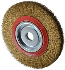 Value Collection - 10" OD, 1-1/4" Arbor Hole, Crimped Brass-Coated Steel Wheel Brush - 1" Face Width, 1-15/32" Trim Length, 0.014" Filament Diam, 3,000 RPM - USA Tool & Supply