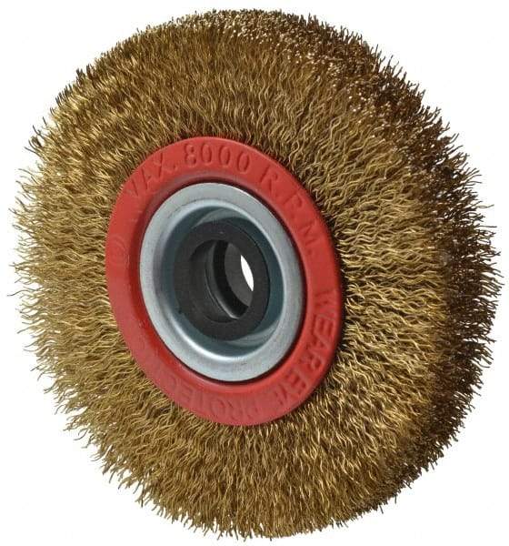 Value Collection - 4" OD, 3/4" Arbor Hole, Crimped Brass-Coated Steel Wheel Brush - 5/8" Face Width, 11/16" Trim Length, 0.012" Filament Diam, 8,000 RPM - USA Tool & Supply
