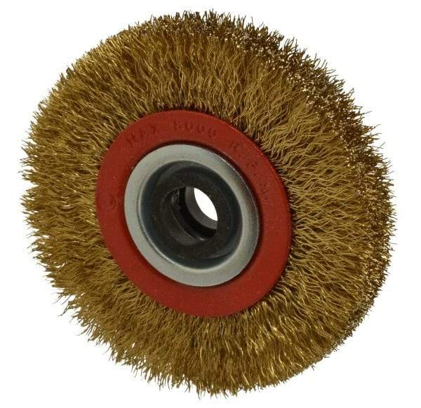Value Collection - 4" OD, 3/4" Arbor Hole, Crimped Brass-Coated Steel Wheel Brush - 3/4" Face Width, 11/16" Trim Length, 0.012" Filament Diam, 8,000 RPM - USA Tool & Supply