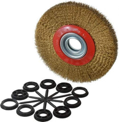 Value Collection - 7" OD, 1-1/4" Arbor Hole, Crimped Brass-Coated Steel Wheel Brush - 1" Face Width, 1-1/2" Trim Length, 0.012" Filament Diam, 6,000 RPM - USA Tool & Supply
