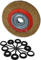 Value Collection - 8" OD, 1-1/4" Arbor Hole, Crimped Brass-Coated Steel Wheel Brush - 1" Face Width, 1-11/32" Trim Length, 0.012" Filament Diam, 4,500 RPM - USA Tool & Supply