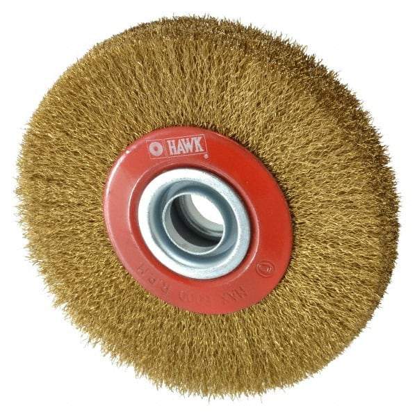 Value Collection - 5" OD, 3/4" Arbor Hole, Crimped Brass-Coated Steel Wheel Brush - 1" Face Width, 1-3/32" Trim Length, 0.007" Filament Diam, 6,000 RPM - USA Tool & Supply