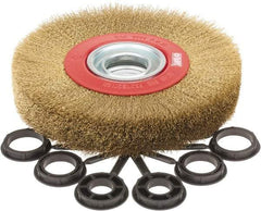 Value Collection - 7" OD, 1-1/4" Arbor Hole, Crimped Brass-Coated Steel Wheel Brush - 1" Face Width, 1-1/2" Trim Length, 0.007" Filament Diam, 6,000 RPM - USA Tool & Supply