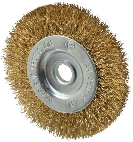 Value Collection - 3" OD, 3/8" Arbor Hole, Crimped Brass-Coated Steel Wheel Brush - 3/8" Face Width, 5/8" Trim Length, 0.012" Filament Diam, 4,500 RPM - USA Tool & Supply