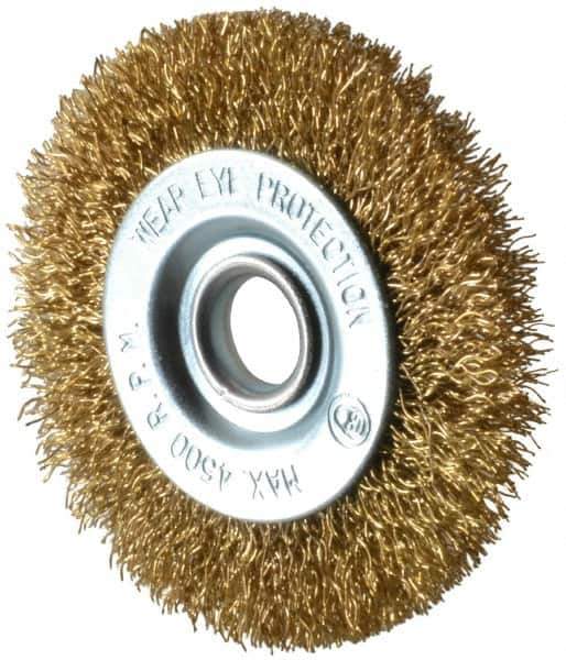 Value Collection - 3" OD, 1/2" Arbor Hole, Crimped Brass-Coated Steel Wheel Brush - 3/8" Face Width, 5/8" Trim Length, 0.012" Filament Diam, 4,500 RPM - USA Tool & Supply