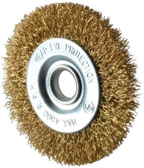 Value Collection - 3" OD, 1/2" Arbor Hole, Crimped Brass-Coated Steel Wheel Brush - 3/8" Face Width, 5/8" Trim Length, 0.012" Filament Diam, 4,500 RPM - USA Tool & Supply