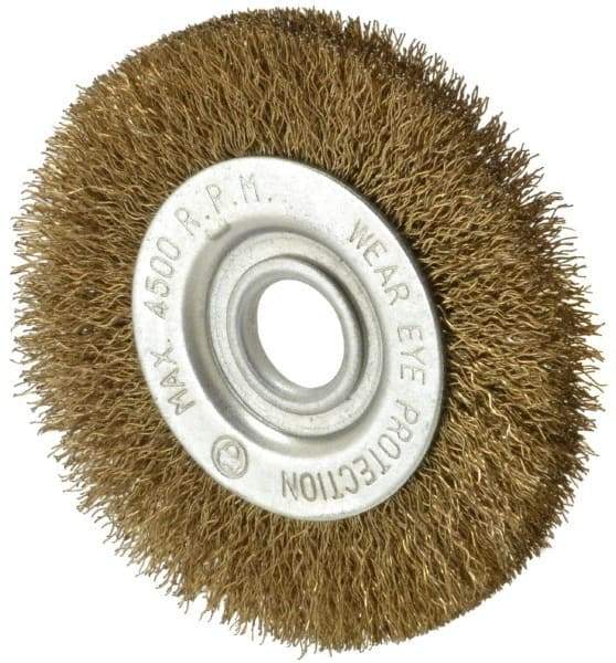 Value Collection - 3" OD, 1/2" Arbor Hole, Crimped Brass-Coated Steel Wheel Brush - 3/8" Face Width, 5/8" Trim Length, 0.007" Filament Diam, 4,500 RPM - USA Tool & Supply