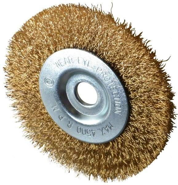 Value Collection - 4" OD, 1/2" Arbor Hole, Crimped Brass-Coated Steel Wheel Brush - 1/2" Face Width, 7/8" Trim Length, 0.012" Filament Diam, 4,500 RPM - USA Tool & Supply