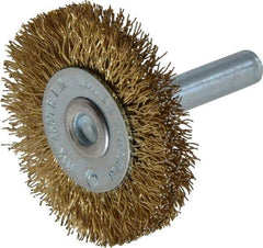 Value Collection - 1-5/8" OD, 1/4" Shank Diam, Crimped Brass-Coated Steel Wheel Brush - 3/16" Face Width, 3/8" Trim Length, 0.015" Filament Diam, 4,500 RPM - USA Tool & Supply