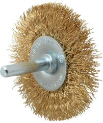 Value Collection - 2-1/2" OD, 1/4" Shank Diam, Crimped Brass-Coated Steel Wheel Brush - 11/32" Face Width, 1/2" Trim Length, 0.015" Filament Diam, 4,500 RPM - USA Tool & Supply