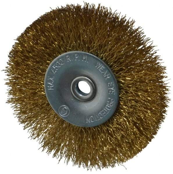 Value Collection - 2-1/2" OD, 1/4" Shank Diam, Crimped Brass-Coated Steel Wheel Brush - 11/32" Face Width, 1/2" Trim Length, 0.008" Filament Diam, 4,500 RPM - USA Tool & Supply