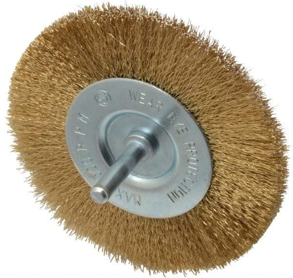 Value Collection - 4" OD, 1/4" Shank Diam, Crimped Brass-Coated Steel Wheel Brush - 15/32" Face Width, 7/8" Trim Length, 0.008" Filament Diam, 4,500 RPM - USA Tool & Supply