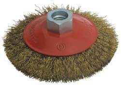 Value Collection - 4" OD, M14x2.00 Arbor Hole, Crimped Brass-Coated Steel Wheel Brush - 3/8" Face Width, 0.012" Filament Diam, 12,500 RPM - USA Tool & Supply