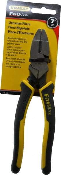 Stanley - 7-5/8" OAL, 1-1/2" Jaw Length x 1" Jaw Width, Side Cutting Linesman's Pliers - Serrated Jaw, Flat Nose Head, Bi-Material Cushion Grip Handles - USA Tool & Supply