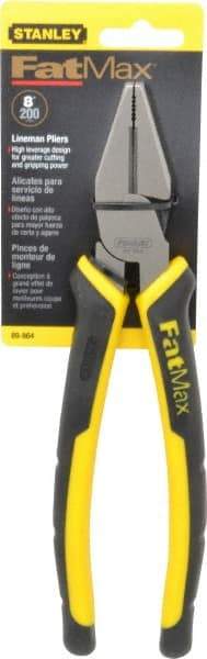 Stanley - 8-3/8" OAL, 1-1/2" Jaw Length x 1" Jaw Width, Side Cutting Linesman's Pliers - Serrated Jaw, Flat Nose Head, Bi-Material Cushion Grip Handles - USA Tool & Supply