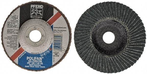 PFERD - 60 Grit, 4" Disc Diam, 5/8" Center Hole, Type 27 Zirconia Alumina Flap Disc - 15,300 Max RPM, Fiberglass Backing, Arbor Attaching System, Coated - USA Tool & Supply