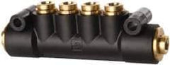 Parker - 1/4" Inlet, 1/4" Outlet Manifold - 3.98" Long x 0.9" Wide 0.21" Mount Hole, 200°F Max, 150 Max PSI, 2 Inlet Ports, 4 Outlet Ports - USA Tool & Supply