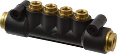 Parker - 3/8" Inlet, 1/4" Outlet Manifold - 4" Long x 0.9" Wide 0.21" Mount Hole, 200°F Max, 150 Max PSI, 2 Inlet Ports, 4 Outlet Ports - USA Tool & Supply
