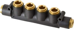 Parker - 1/2" Inlet, 1/2" Outlet Manifold - 6.49" Long x 1.02" Wide 0.22" Mount Hole, 200°F Max, 150 Max PSI, 2 Inlet Ports, 4 Outlet Ports - USA Tool & Supply