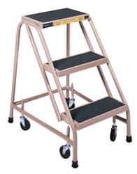 Gillis - 30" 3 Step Ladder - Rolling Steel Office Ladder, 300 Lb Capacity, 30" Platform Height, 24" Base Width x 27" Depth, Rubber Matted - USA Tool & Supply