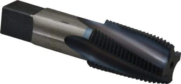 Reiff & Nestor - 1/2-14 NPTF, 15° Helix, 4 Flutes, Blue Diamond Finish, High Speed Steel, Spiral Flute Pipe Tap - Right Hand Flute, 11/16" Shank Diam, 1-3/8" Thread Length, 0.5790" Projection, 5/8" Square Size, Series 120DSS - Exact Industrial Supply