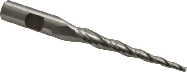 Made in USA - 3° Taper Angle per Side, 1/8" Small End Diam, 2-1/2" LOC, High Speed Steel 3 Flute Tapered Square End Mill - 4-1/2" OAL, 1/2" Shank Diam, Spiral Flute - USA Tool & Supply