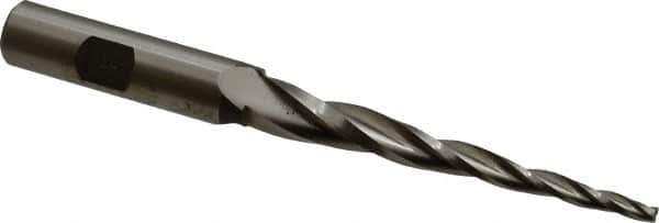 Made in USA - 3° Taper Angle per Side, 1/8" Small End Diam, 3" LOC, High Speed Steel 3 Flute Tapered Square End Mill - 5" OAL, 1/2" Shank Diam, Spiral Flute - USA Tool & Supply